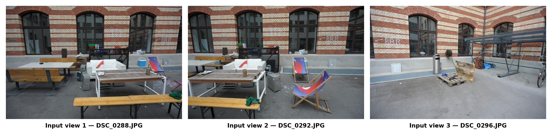 Three representative ETH3D Courtyard input views